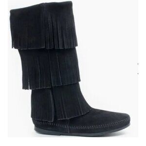 NWT Three Layer Suede Fringe Black Makalu Moccasin Indian Boots Comfort Women 7